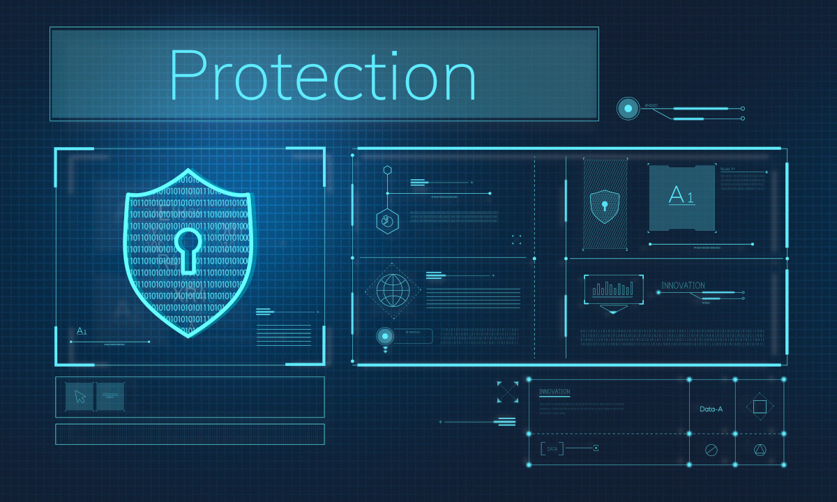 Network connection graphic with the word 'Protection' and a shield with a keyhole