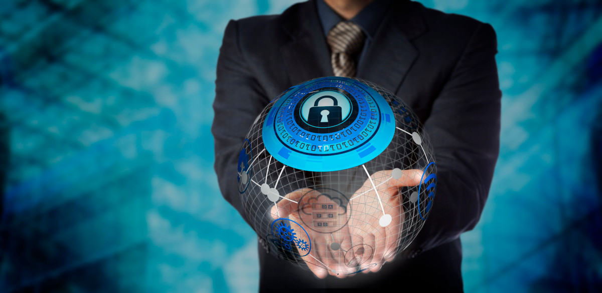 A man holding his palms up with a digital lock in top of a sphere