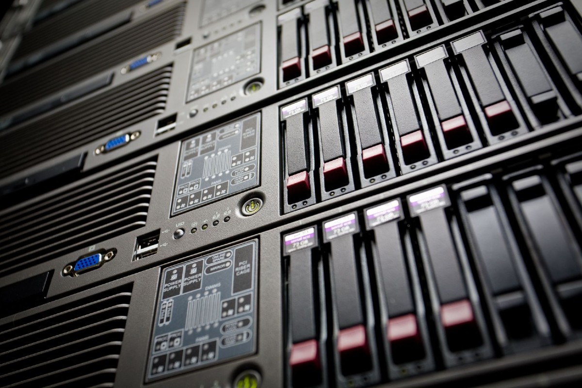 Server stacks with hard drives in a datacenter.